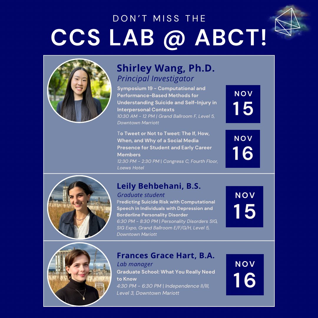 CCSLabYale's tweet image. The @CCSLabYale is looking forward to #ABCT2024! Be sure to check out our lab members’ sessions this year!
👇🎉👇🎉👇🎉
@ShirleyBWang
@ukeleily
@francesghart
@ABCTNOW