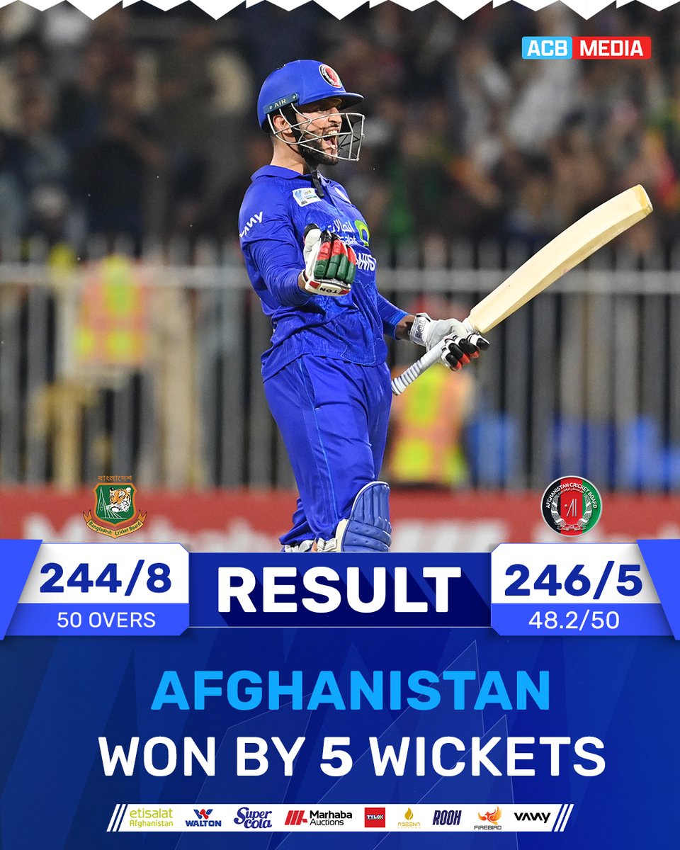 ACBofficials's tweet photo. 𝐀𝐅𝐆𝐇𝐀𝐍𝐈𝐒𝐓𝐀𝐍 𝐖𝐈𝐍 𝐓𝐇𝐄 𝐒𝐄𝐑𝐈𝐄𝐒 𝟐-𝟏 🙌

#AfghanAtalan put on a remarkable batting performance to successfully chase down the target and secure a 2-1 series victory in the three-match ODI series against @BCBtigers. 👏

#AFGvBAN | #GloriousNationVictoriousTeam https://t.co/8uYHtrODIB
