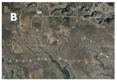 Each of these pictures are from Google Maps at the same elevation (zoom) and about 10 miles apart, one of them is a wind farm and the other is an oil and gas field.
