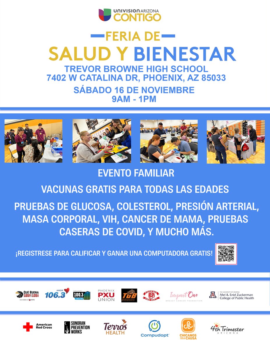 No te pierdas la Feria de Salud y Bienestar 2024 de Univision Arizona este sábado, 16 de noviembre desde las 9am en la escuela Trevor G. Browne High School en el 7402 W. Catalina Dr. en Phoenix. Tendremos exámenes médicos gratuitos, vacunas para niños y adultos, recursos de salud