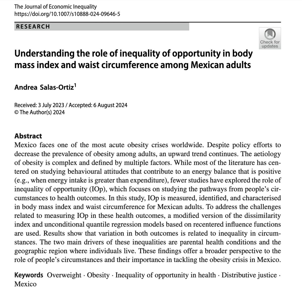 In this paper, recently available online, I measure and describe inequality of opportunity (IOp) in overnutrition for the adult population in Mexico using distributional regression techniques.  (1/3)