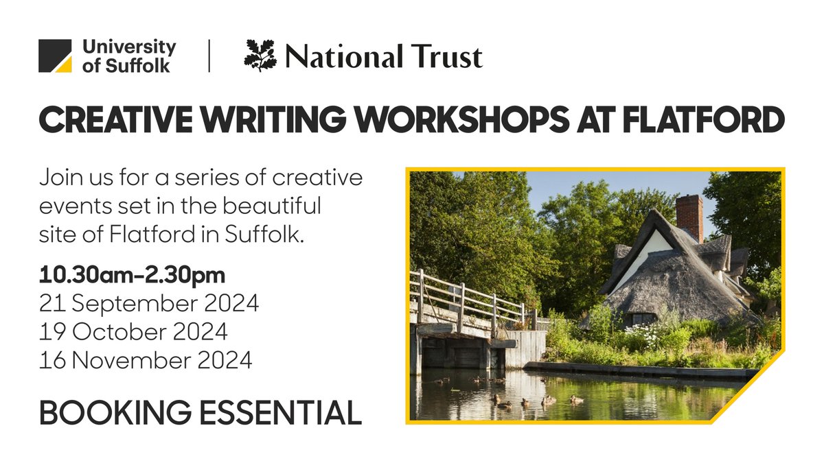 UniofSuffolk's tweet photo. Discover the local history of beautiful Flatford in the third and final of our creative writing workshops this Saturday 🌿
All writers are welcome, whether experienced or beginners.
Find out more and book: https://t.co/fbTBFU3cQq
#HelloSuffolk #UniOfSuffolk @nationaltrust https://t.co/I9vag6DNBL