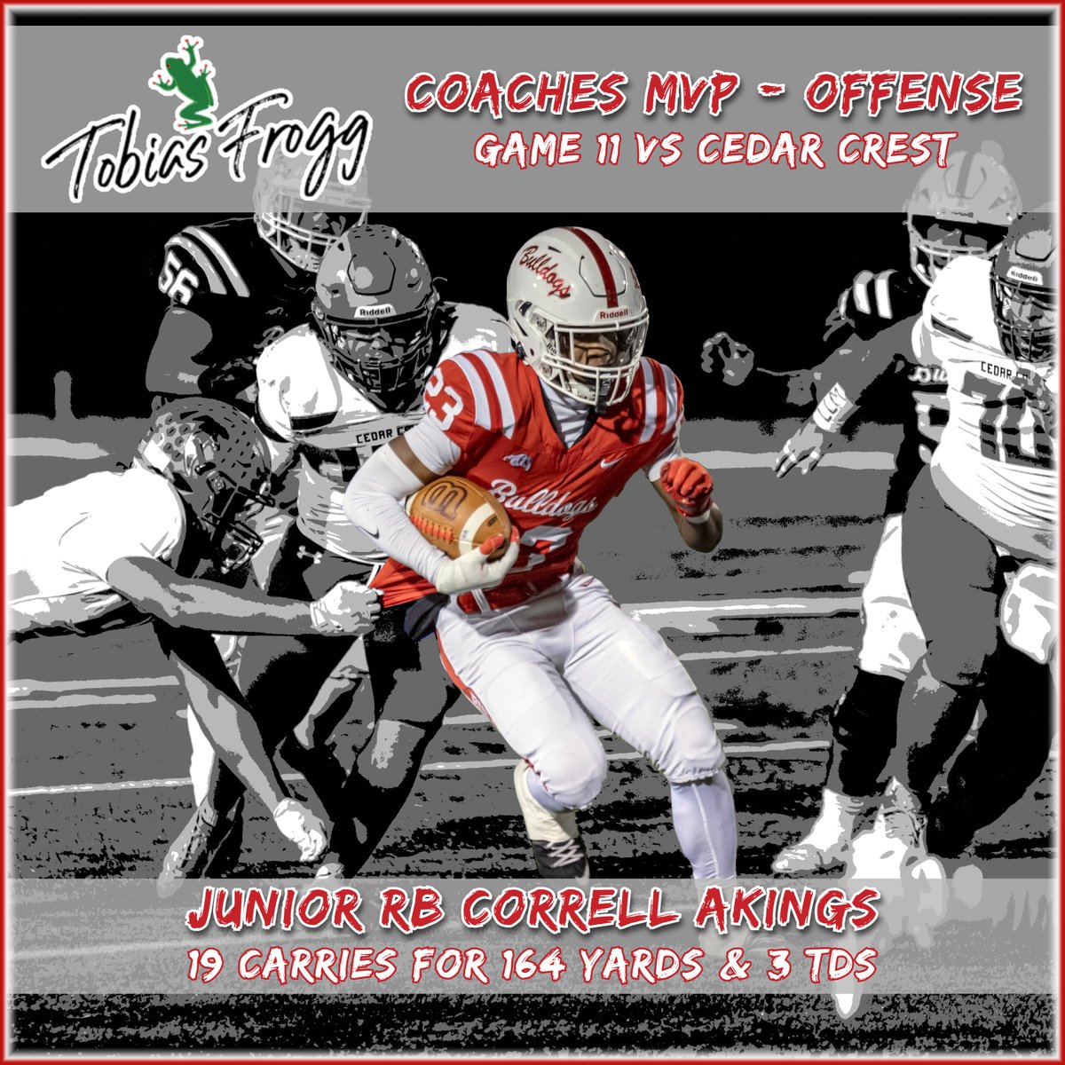 🐸👑🏈 The coaching staff has tagged junior RB Correll Akings as their offensive MVP from the team's playoff win vs Cedar Crest. Akings rushed for 164 yards and 3 TDs, helping Wilson dispatch the Falcons for the second time this season. Congratulations, Correll! 🐾💪 #WilsonSD