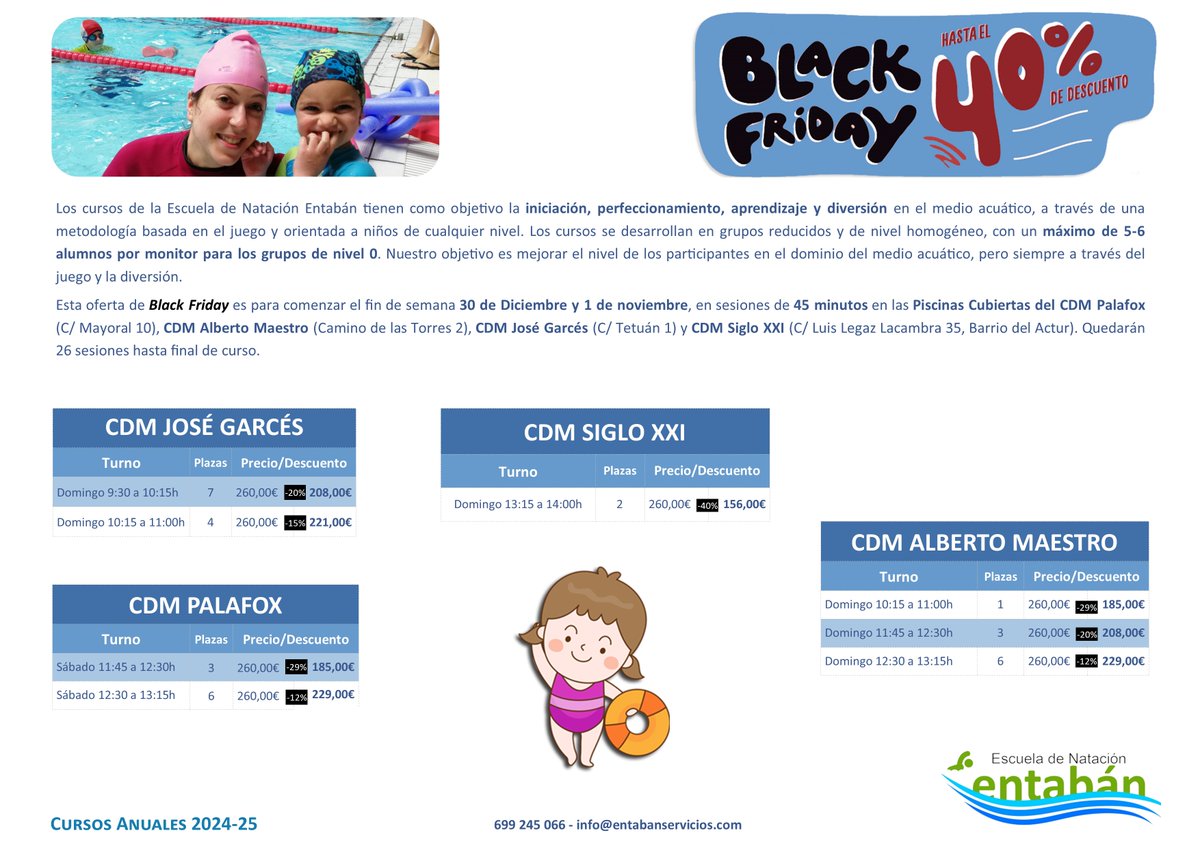 EntabanServ's tweet image. CURSO NATACIÓN ANUAL 2024-25 - BLACK FRIDAY!!!!
Para esos rezagados que todavía no se han decidido por nuestro curso anual, os traemos unos magníficos descuentos, con motivo del próximo BLACK FRIDAY. Los descuentos solo son validos si te apuntas antes del 1 de diciembre.