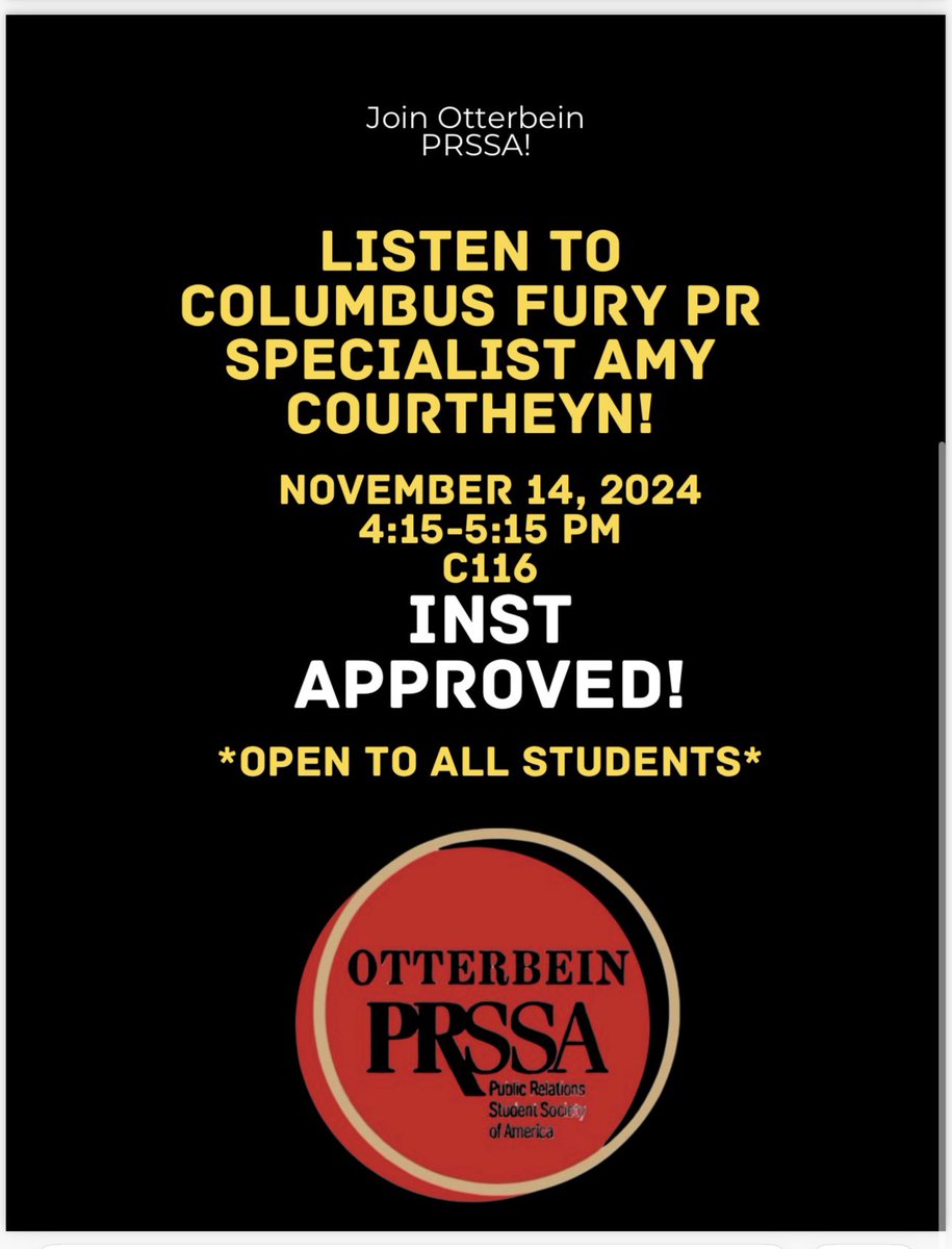 Join Otterbein PRSSA in C116 this Thursday to hear from Amy Courtheyn, PR Specialist for The Columbus Fury!
#otterbeinprssa #gocards