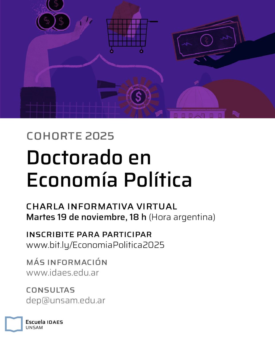 📢 ¡Te invitamos a la charla informativa del Doctorado en Economía Política! 
🗓 Martes 19/11 a las 18hs (ARG) en modalidad virtual. 
🔗Inscripción bit.ly/EconomiaPoliti…