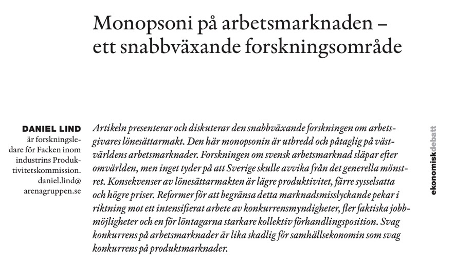 Daniel Lind (@daniellind_) on Twitter photo I <a href="/EkonomiskDebatt/">Ekonomisk Debatt</a> nr 5 i år skrev jag om arbetsgivares lönesättarmakt.
Den här artiklen har resulterat i två repliker och en slutreplik.
Läs gärna texterna här.
<a href="/arenaide/">Arena Idé</a> <a href="/blmqvst/">Niklas Blomqvist</a> <a href="/KjellRautio/">Kjell Rautio</a> <a href="/danielswedin/">Daniel Swedin 🇵🇸</a> <a href="/RMortvik/">Roger Mörtvik</a> <a href="/torbjornhallo/">torbjörn hållö</a> <a href="/CarlMelin/">Carl Melin</a>
nationalekonomi.se/wp-content/upl… I <a href="/EkonomiskDebatt/">Ekonomisk Debatt</a> nr 5 i år skrev jag om arbetsgivares lönesättarmakt.
Den här artiklen har resulterat i två repliker och en slutreplik.
Läs gärna texterna här.
<a href="/arenaide/">Arena Idé</a> <a href="/blmqvst/">Niklas Blomqvist</a> <a href="/KjellRautio/">Kjell Rautio</a> <a href="/danielswedin/">Daniel Swedin 🇵🇸</a> <a href="/RMortvik/">Roger Mörtvik</a> <a href="/torbjornhallo/">torbjörn hållö</a> <a href="/CarlMelin/">Carl Melin</a>
nationalekonomi.se/wp-content/upl…