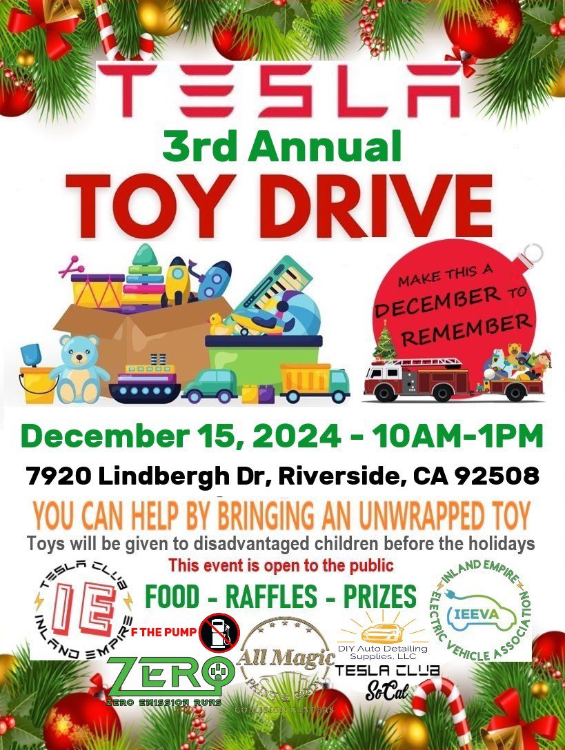 FthePump1's tweet photo. SAVE THE DATE! December 15th!
We will be hosting a Free #ZeroEmissionsRun to this toy drive. Even if you don’t drive a @Tesla, please join us for the #ZERORun and bring a toy.
We will meet at 9-9:30 at @RoveCharging in Santa Ana 1008 East 17th Street. They have charging for any EV.. We will leave promptly at 9:30 and head to Riverside.
Hope you can join us!