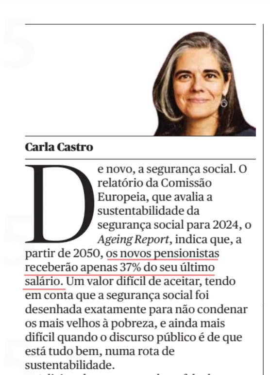 A Dra Carla Castro está incumbida da tarefa de descredibilizar as pensões públicas da Segurança Social. É um trabalho como outro qualquer, poderia era fazê-lo de forma honesta, não espalhando informação que sabe ser falsa. 37% é a pensão de quem pouco descontou em 2050🧵