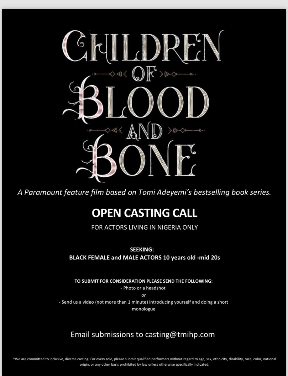 Kemi Lala Akindoju (@lalaakindoju) on Twitter photo OPEN CASTING CALL for actors in Nigeria aged 16 -25 (or look 16-25). Send a one minute monologue to casting@tmihp.com. We look forward to seeing all your videos from all over the country. #ChildrenOfBloodAndBone OPEN CASTING CALL for actors in Nigeria aged 16 -25 (or look 16-25). Send a one minute monologue to casting@tmihp.com. We look forward to seeing all your videos from all over the country. #ChildrenOfBloodAndBone