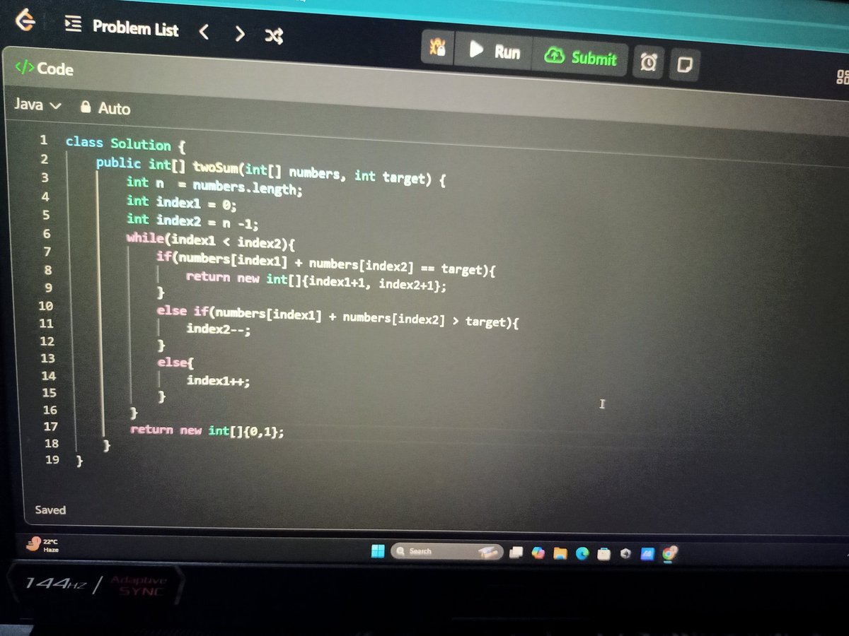rishabhgiri024's tweet image. Solved✅,LeetCode problem #167 using two pointers approach.
The real life example of this use case is check for budget in a list of an array (shell of almirah).
#LeetCode #100dayofcode #CodingJourney #day4