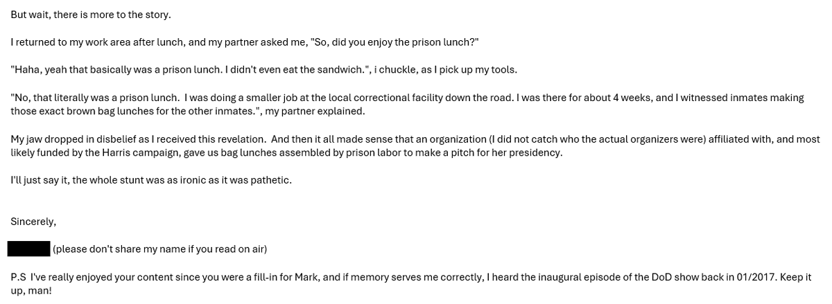 DanODonnellShow's tweet photo. This is just incredible: The Kamala Harris campaign tried to win over more than a thousand union workers on one of the biggest construction projects in Wisconsin by getting them a free lunch...a literal brown bag prison lunch. https://t.co/bLEeUuvCYV