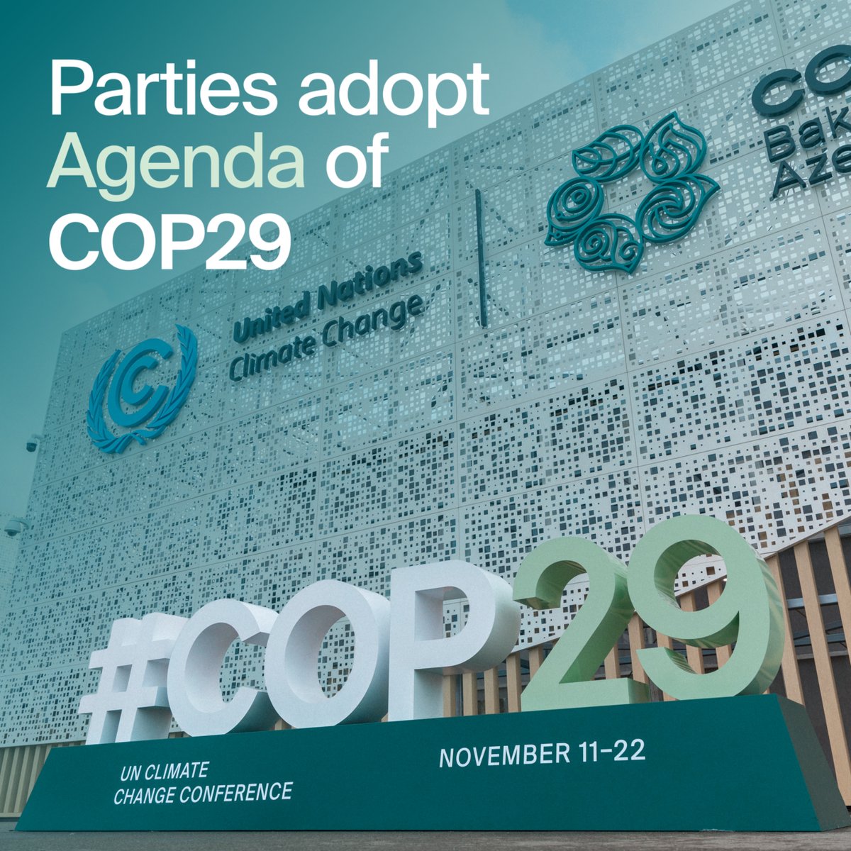 The Parties to the 2024 UN Climate Change Conference approved and adopted the #COP29 Presidency’s Negotiations Agenda; a pivotal step in enabling critical #climateaction to deliver sustainable solutions for emission reductions, to keep temperatures below 1.5°C.

#COP29