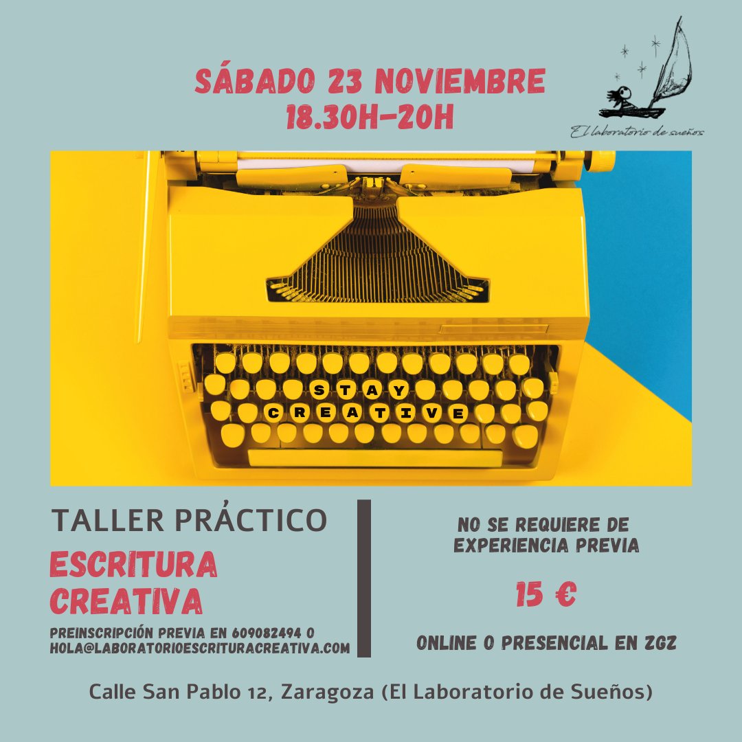 ✍️ ESCRITURA CREATIVA✍️ Online o presencial en ZGZ. Público adulto. Taller práctico para la creación y escritura de historias de ficción o incluso poemas.

Info e inscripciones 👇

☎️ 609082494
📧 hola@laboratorioescrituracreativa.com
🌐 laboratorioescrituracreativa.com