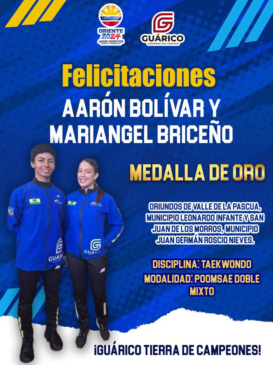 Felicito con gran orgullo a los atletas Mariangel Briceño de San Juan de los Morros quien se alzó con la presea dorada en Taekwondo en la modalidad poomsae mixto junto a Aarón Bolívar. ¡Felicitaciones, campeones!