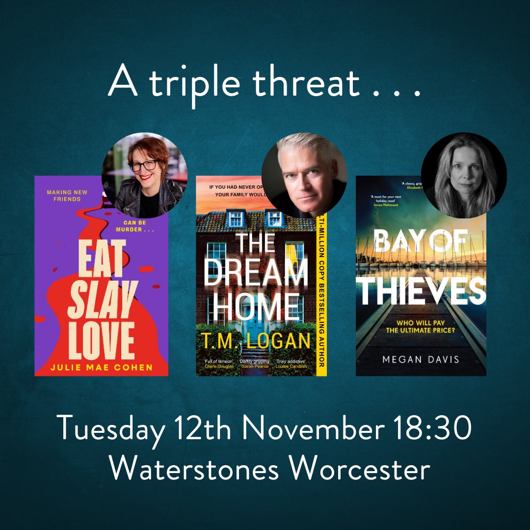 📣In or around Worcester Tuesday evening? I’ll be discussing books with the brilliant <a href="/TMLoganAuthor/">TM Logan</a> and <a href="/julie_cohen/">Julie Cohen</a>. Join us!