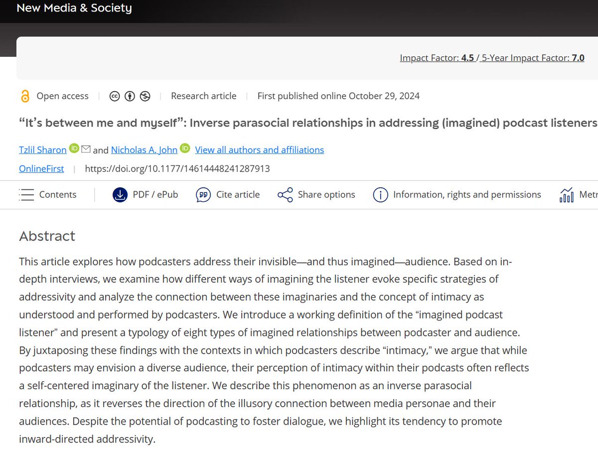 📢 New publication! In our latest article, Nik John (find him on Mastodon at @nik@aoir.social) and I explore how podcasters envision their audience and how these imagined listeners influence podcasters' strategies and their sense of “intimacy” with listeners. 🧵