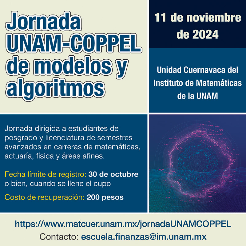 imate_unam's tweet image. 🥳¡HOY será la #Jornada UNAM-COPPEL de #modelos y #algoritmos en #Cuernavaca para estudiantes de posgrado y licenciatura de semestres avanzados en carreras de matemáticas, actuaría, física y afines! ¡Éxito!

📆 lun 11 nov 2024
⏰9-18 horas
📍 UCIM

⚠️ Más: matcuer.unam.mx/jornadaUNAMCOP…