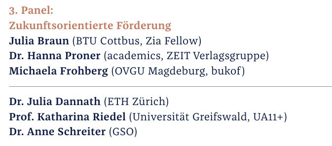 Im 3. Panel diskutieren wir mit einem besonderen Augenmerk auf WissenschaftlerINNEN, wie zukunftsfähige Förderung aussehen sollte &amp; haben hierfür spannende Rednerinnen eingeladen! TickTack, die Zeit zur Anmeldung läuft ab: ua11plus.de/veranstaltungen
#Karriereförderung #WissZeitVG
