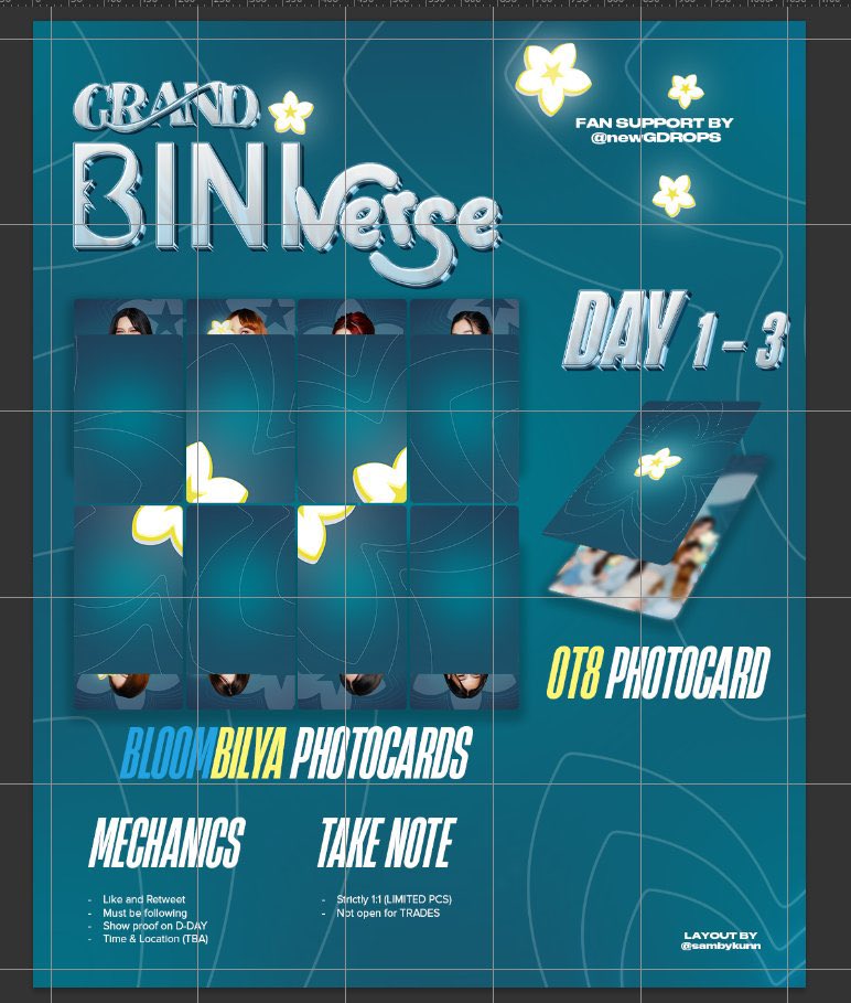 newGdrops's tweet photo. The #GrandBINIverse Day 1-3 fan support by @newGdrops and @Nxtrnds 

BLOOMBILYA Photo Series Photocards (Find your groupmates edition) 🌸

- like and rt
- mbf 
- show proof on the day
- time & loc tba

strictly 1:1 (limited qty)
not open for trade, ala na q time magpack 😌

See you GBV!

Layout by my bestie: @sambykunn