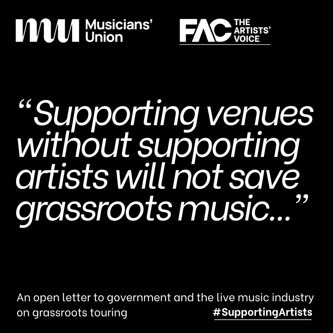 Grassroots artists are finding it increasingly impossible to tour domestically. 

In order to solve the crisis, grow new audiences and protect the future of the UK's music industry, we must invest in artists.

🗣️Use your voice: bit.ly/3NGBqCH

#SupportingArtists