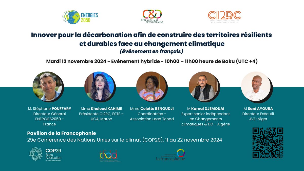 We invite you to a side event at <a href="/COP29_AZ/">COP29 Azerbaijan</a> co-organized by <a href="/ENERGIES2050/">ENERGIES2050</a> #CI2RC, École Supérieure de Technologie Essaouira and <a href="/ClimatDev/">Réseau Climat & Développement - RC&D</a>

🗓 Nov 12, 2024, 10am-11am (Baku time, UTC+4)
📍 Pavillon de la Francophonie, COP29
🔗Registration: lnkd.in/e-WkpuWM (event in French)