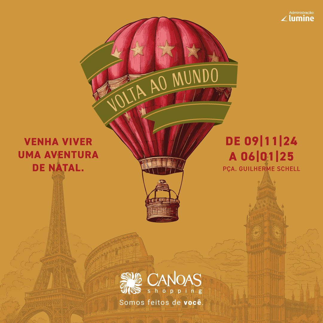 CanoasShopping's tweet photo. Venha viver uma aventura no NATAL VOLTA AO MUNDO do Canoas Shopping. Visite nossa decoração e experimente uma viagem pelos lugares mais lindos do mundo Ah! E não deixe de visitar o Papai Noel. Confira os horários completos no site. https://t.co/RVSx4X8Cbs