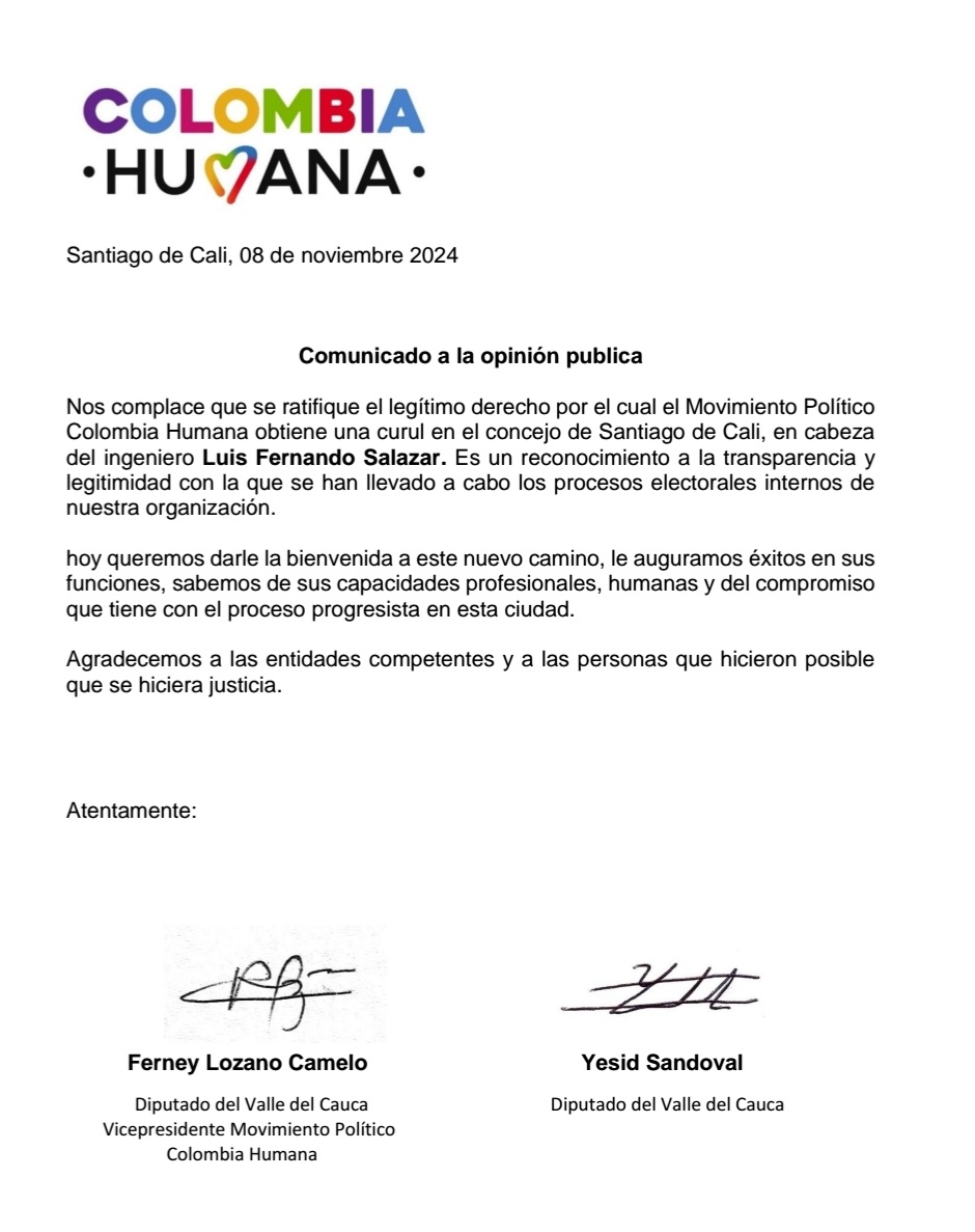 #lajusticiasiemprellega
Hoy celebramos que el concejo de estado en un fallo de última instancia ratifica que el partido de gobierno <a href="/colombiahumana_/">Colombia Humana</a> por fin tendrá su curul en el concejo de #cali en cabeza del ing @luisfer_pacto  #pactohistórico.