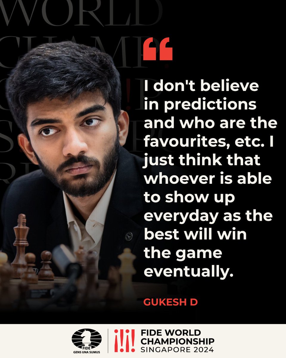 “Gukesh D: In general, I don't believe in predictions and who are the favourites, etc. I just think that whoever is able to show up every day as the best will win the game eventually."

Do you agree with Gukesh? 
#DingGukesh

Read more from the interview 🔗fide.com/news/3301