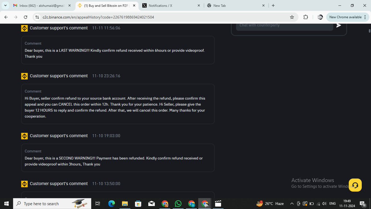 alxhumaid's tweet photo. @BinanceHelpDesk I have already submitted every proofs or videos they asked for, but still they are asking videos again and again, the buyer didn't reply after their warning so they are wasting my time by asking videos every time... Case ID is 130864834 https://t.co/pZM8Bwjv8s