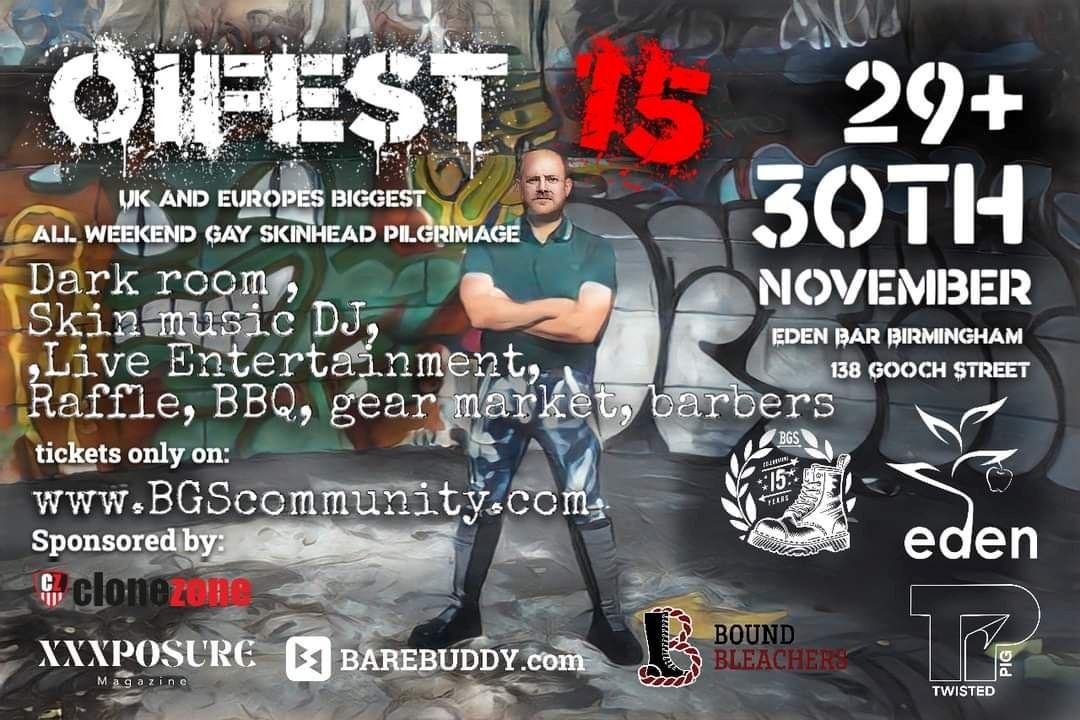 ReconNews's tweet photo. Fri 29 Nov - Sun 1 Dec, Oi-Fest 15 marks @BGS_EVENTS 15th anniversary special in Birmingham, UK!  Join gay skins from across Europe for an unforgettable weekend packed with ska beats, cruising, market stalls, &amp; more. Check the event listing for details. >> https://t.co/MC2lhbGvCW https://t.co/hxqeG8sycm
