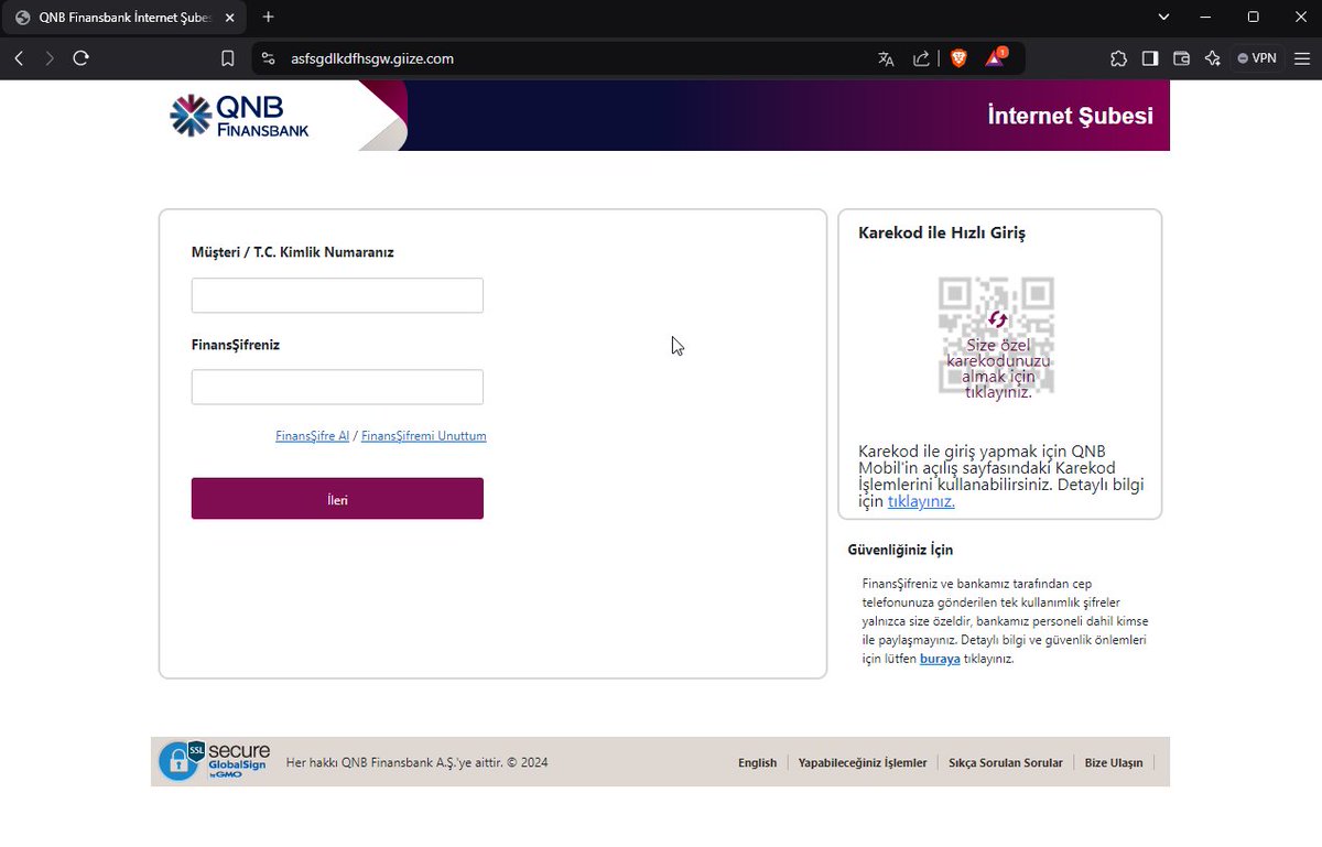 📢Phishing Site📢
🚨QNB Finansbank
🎣Phishing: hxxps[://]asfsgdlkdfhsgw[.]giize[.]com
#phishing #qnbfinansbank #qnbfinansbankphishing #turkeyphishing 
<a href="/urlscanio/">urlscan.io</a> <a href="/Sync_Pundit/">Sync_Pundit 👽😎🔱🔥</a> <a href="/PhisScan/">Phis Scan</a> <a href="/ActorExpose/"> IPAE!</a> <a href="/ICANN/">ICANN</a> <a href="/virustotal/">VirusTotal</a> <a href="/urldna/">urlDNA.io</a> <a href="/PhisherOfMan/">Phisher Of Man</a> <a href="/qnbtr/">QNB Türkiye</a> <a href="/TRCert/">USOM</a> <a href="/tdatwja/">misaki</a> <a href="/cyberishlab/">cyberishlab</a>