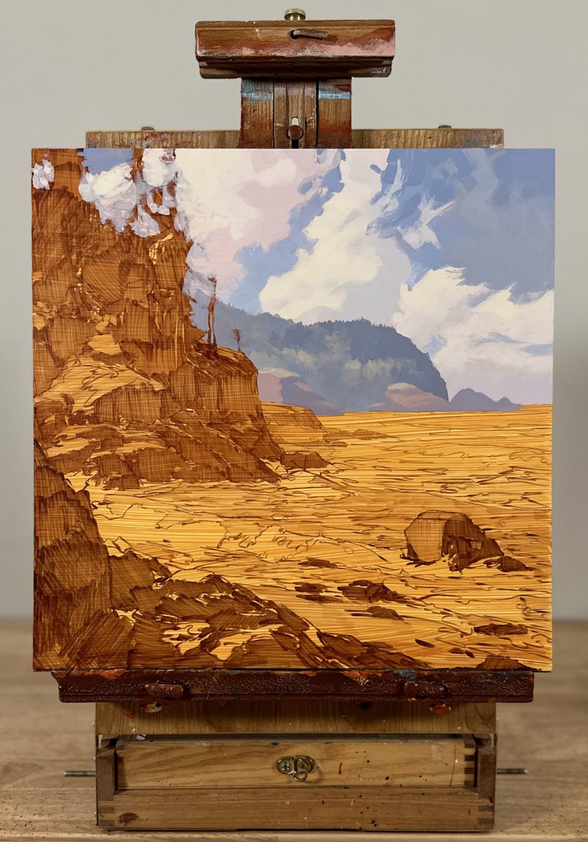 Painting in progress … I prefer to work from back to front when painting a landscape. It’s important to carefully change your values and saturation as you move forward. #art #painting