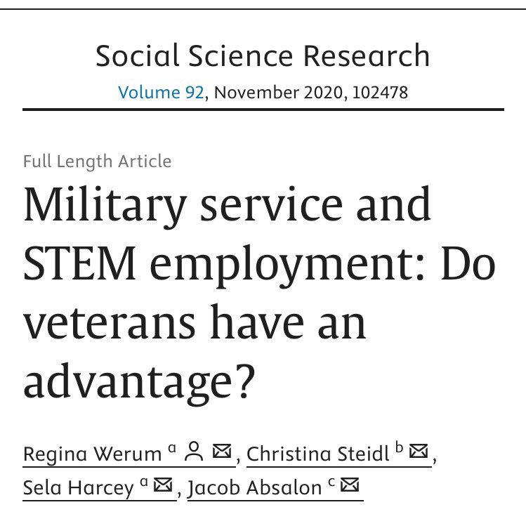 #VeteransDay Research Spotlight!

Dr. Steidl’s research shows that veterans are more likely than civilians to work in STEM occupations and that the gender gap in STEM employment is narrower among veterans than among civilians.