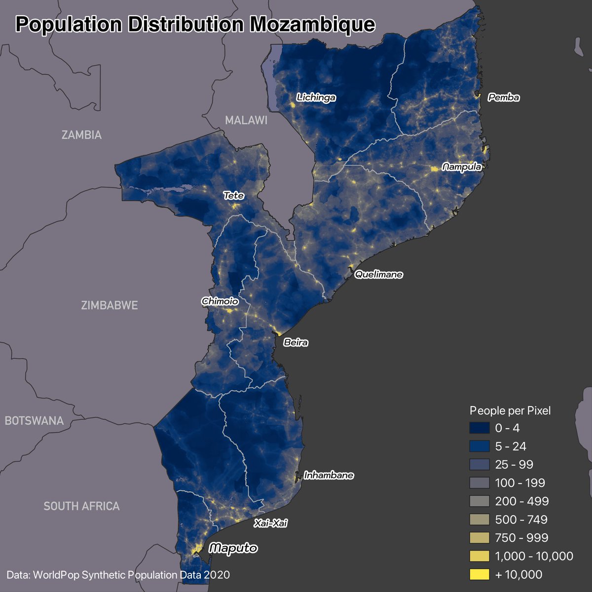 🗺️  DAY 8: HDX Data - Some great datasets on Humanitarian Data Exchange for the #30DayMapChallenge Here’s a map of population density in Mozambique using the WorldPop 2020 synthetic gridded data