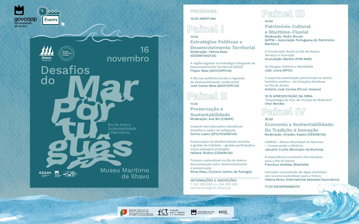 🌊 12.º Seminário "Desafios do Mar Português" – Museu Marítimo de Ílhavo

🗓️ 16 de novembro 2024

📍 Museu Marítimo de Ílhavo

🎙️ Com os Prof. Filipe Teles e Prof. José Mota, investigadores da GOVCOPP.

🔗 Mais informações: museumaritimo.cm-ilhavo.pt/agenda/eventos…

#Placebasedpolicyandgovernance