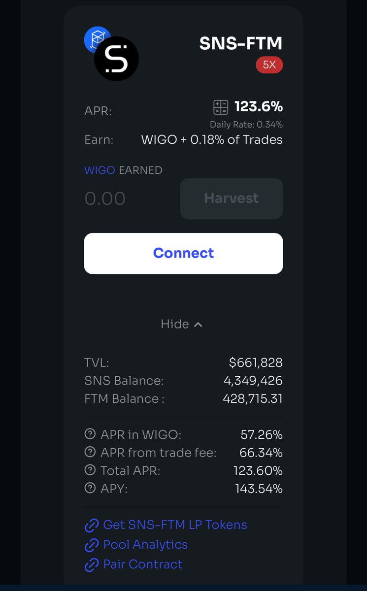 AmirhosseinDeFi's tweet image. #farming

بهترین ریوارد فارمینگ روی پلتفرم ویگو سواپ متعلق به جفت SNS/FTM میباشد که چیزی حدود 123% میباشد 👌🏽

جایی مناسب در زمینه Passive income  در حوزه #Defi 🔥

@WigoSwap 
@AaronL3b 
#BeyondBoundaries