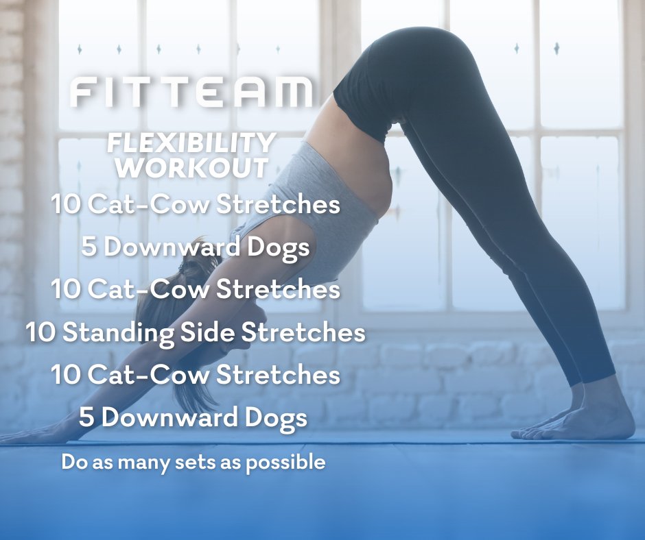 fitteamglobal's tweet image. Stretch, breathe, and flow. 🌿 Cat-cow stretches and downward dogs to loosen up those tight muscles and improve your flexibility. Your body will thank you! #Flexibility #RecoveryTime