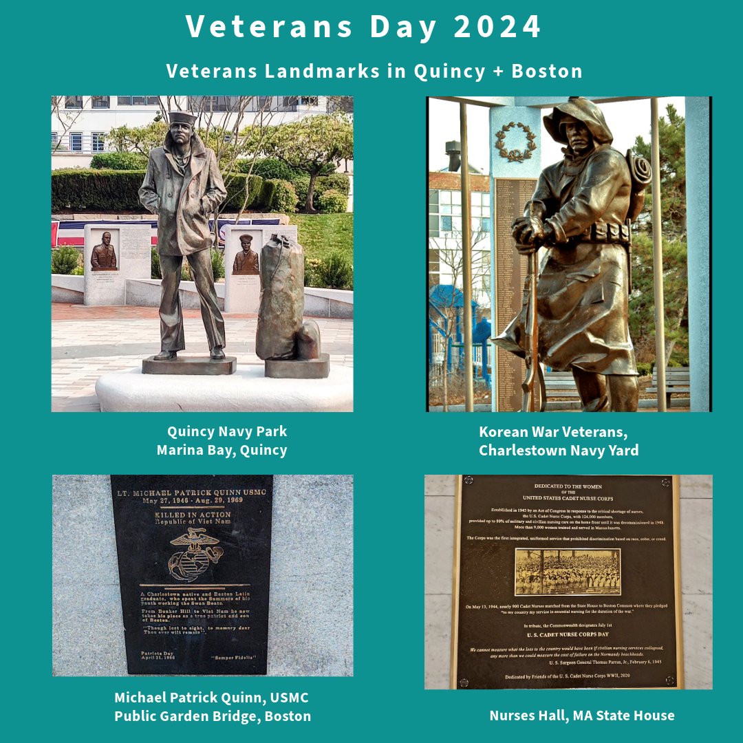 On #VeteransDay, we thank our family, friends + neighbors for their service. #Massachusetts has hundreds of #veteran memorials worth a visit. Here are four local memorials in #Quincy #Charlestown #PublicGarden + #MAStateHouse.  irishmassachusetts.blogspot.com/2024/11/vetera…