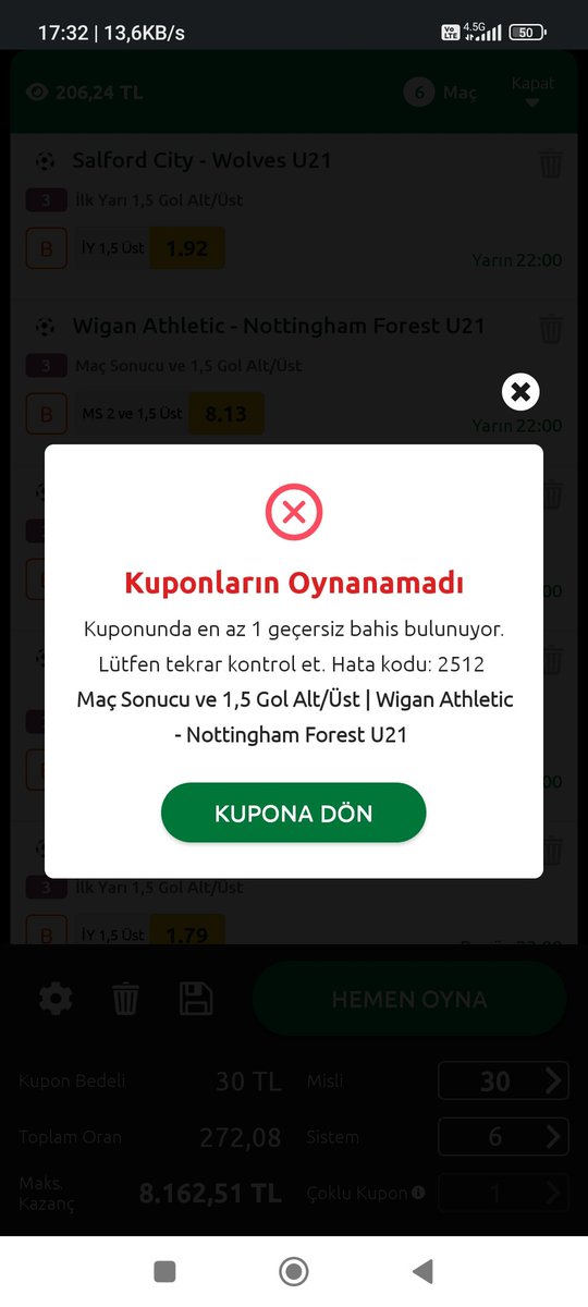 Wigan ath. - Nottingham forest 
Bu maçı neden kuponuma ekleyemiyorum? 
<a href="/Bilyoner/">Bilyoner 💚</a>