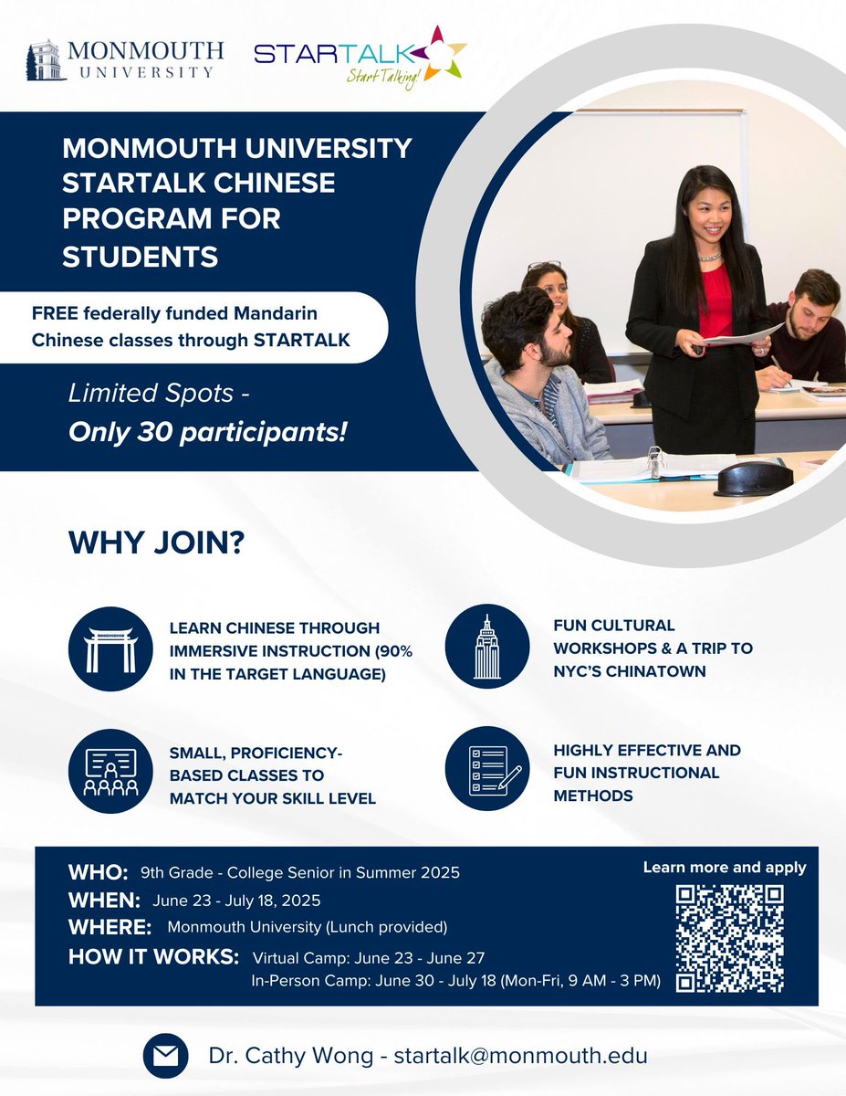 Calling U.S. citizens from 9th grade to college seniors! Join Monmouth University’s #STARTALK free Chinese Language and Cultural Summer Program. Build language skills and cultural insight that set you apart!

monmouth.edu/department-of-… 

#LearnChinese #NewJersey