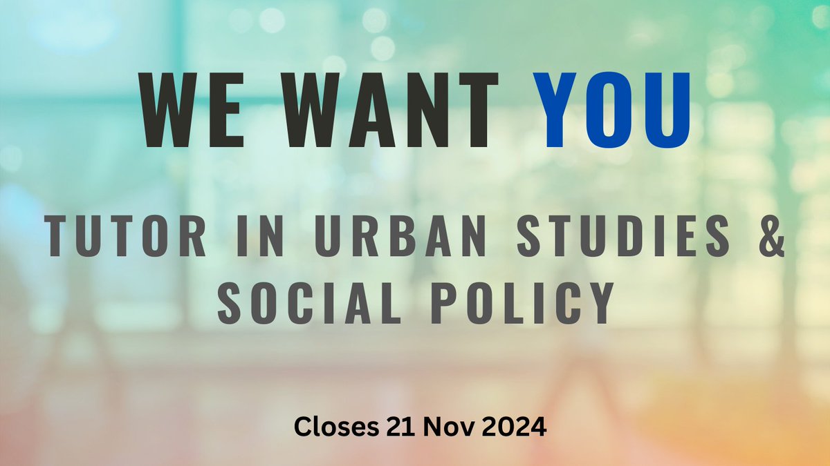 Urban Studies & Social Policy (@uofgurbstudies) on Twitter photo 🤓 Come work with us 🤓
We're looking for Tutor in Urban Studies & Social Policy to contribute to our UGT & PGT teaching incl. <a href="/UofGSPP/">UofG Social and Public Policy</a> & <a href="/UofGHsgStudies/">UofG Housing Studies</a>.
Full time, fixed-term for 1 year, grade 6.
🗓️ Closing *21 Nov* 2024
Detais & apply 👉 jobs.ac.uk/job/DKO049/tut… 🤓 Come work with us 🤓
We're looking for Tutor in Urban Studies & Social Policy to contribute to our UGT & PGT teaching incl. <a href="/UofGSPP/">UofG Social and Public Policy</a> & <a href="/UofGHsgStudies/">UofG Housing Studies</a>.
Full time, fixed-term for 1 year, grade 6.
🗓️ Closing *21 Nov* 2024
Detais & apply 👉 jobs.ac.uk/job/DKO049/tut…
