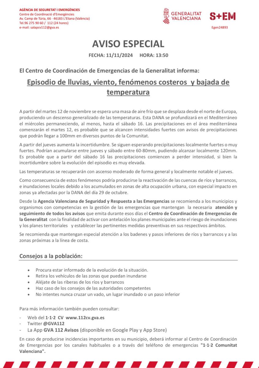 ⚠️ Nueva actualización del <a href="/GVA112/">Emergències 112CV</a> en base a las predicciones de <a href="/AEMET_Esp/">AEMET</a> 👇🏼
