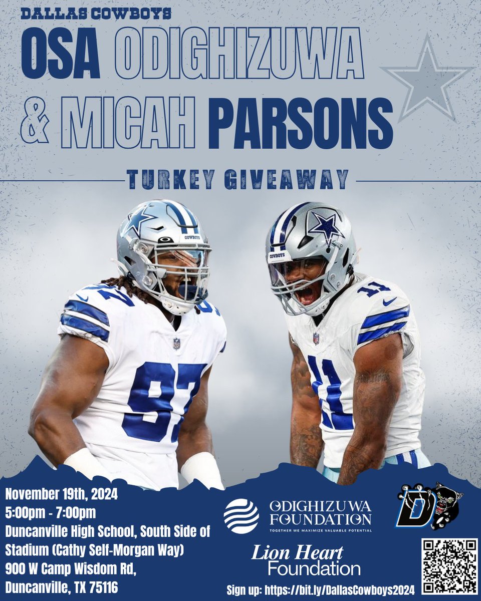 🏈🌟 Exciting News, Panthers! 🌟🏈

The Dallas Cowboys' own Osa Odighizuwa and Micah Parsons are coming to Duncanville for a special Turkey Giveaway! 🦃

📅 November 19, 2024
🕔 5:00 PM - 7:00 PM
📍 Duncanville High School - South Side of the Stadium (Cathy Self-Morgan Way) 
900