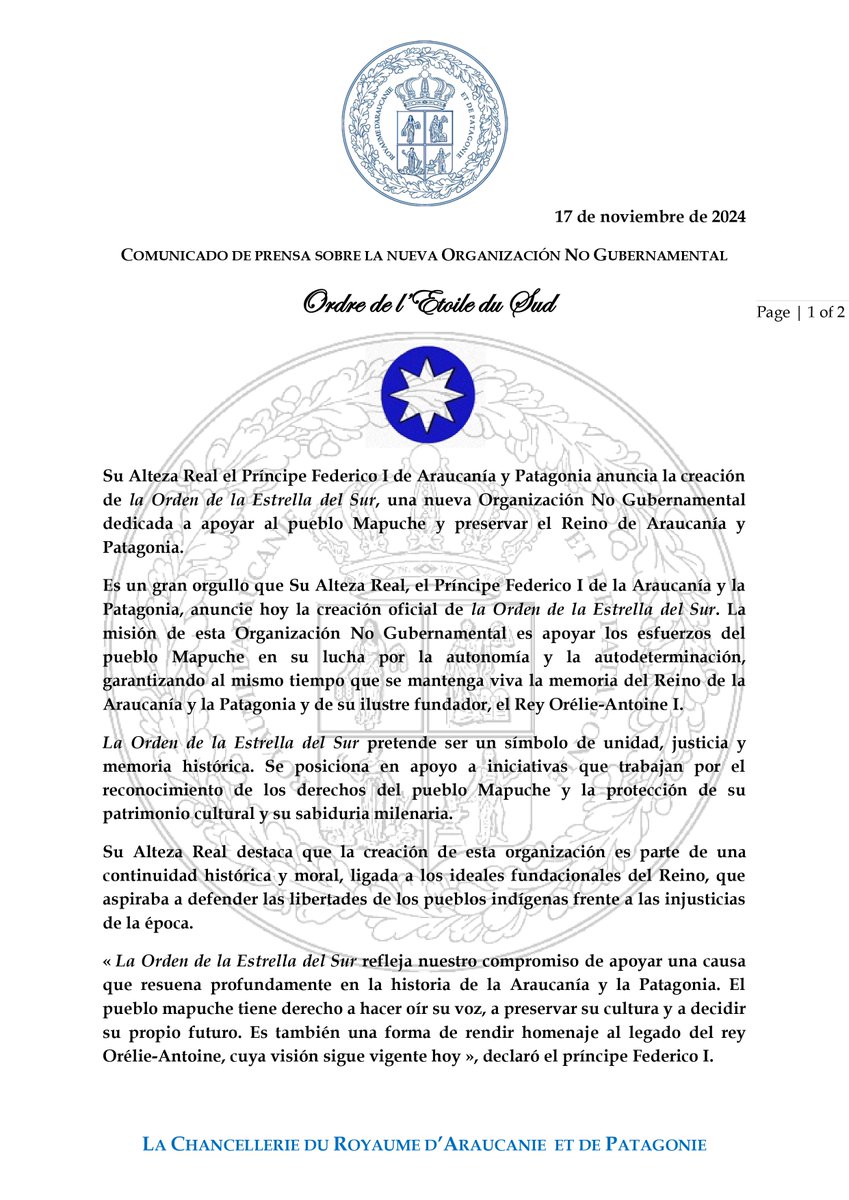 APchancellerie's tweet photo. Importante anuncio de SAR el Príncipe Federico I con motivo del 164 aniversario de la fundación del Reino de Araucanía y Patagonia. https://t.co/QNCGHoklqF