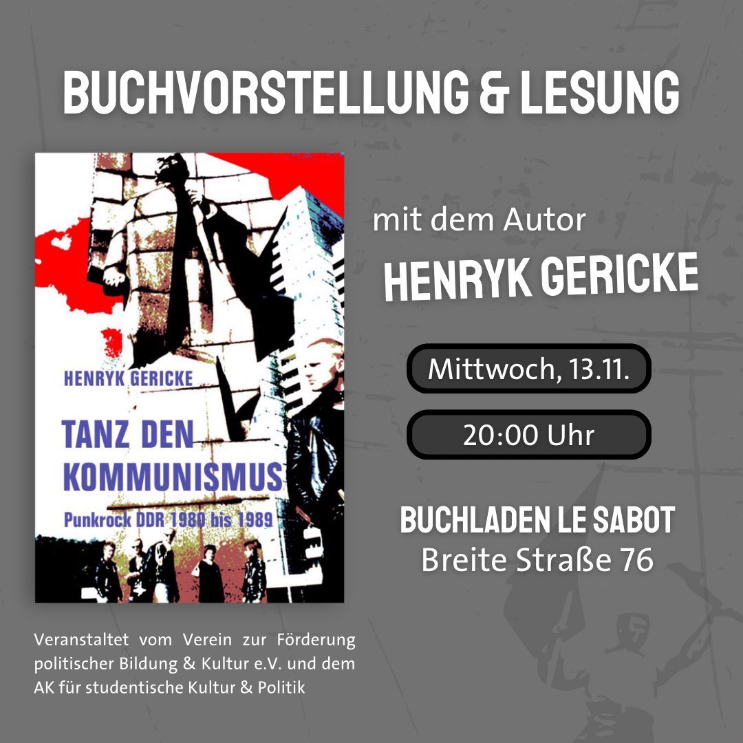Bonn! Am Mittwoch im geschätzten Buchladen Le Sabot: Henryk Gericke liest aus seinem Buch „Tanz den Kommunismus. Punkrock DDR 1980 bis 1989".
Mehr: lesabot.de/index.php/2024…
Zum Buch: verbrecherverlag.de/shop/tanz-den-…