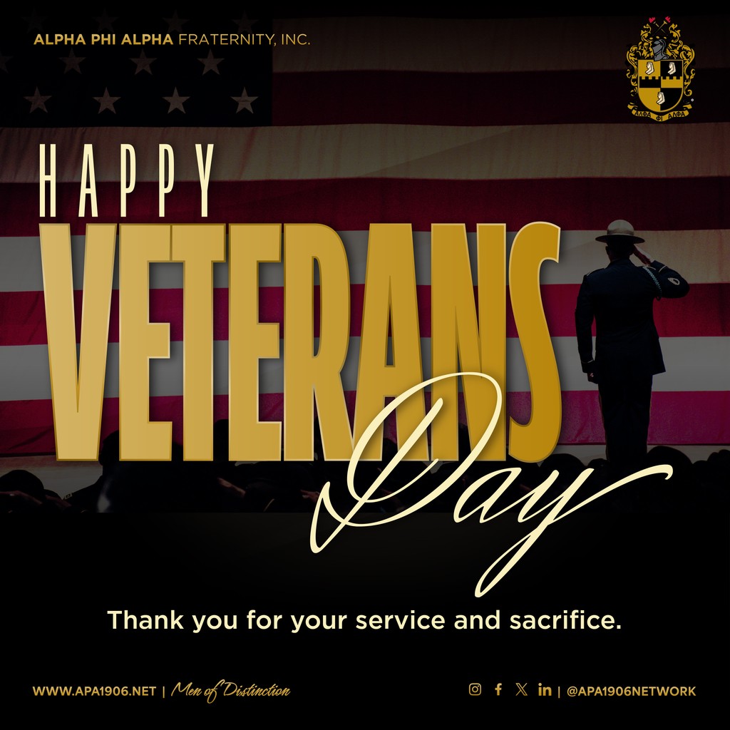 Alpha Phi Alpha Fraternity, Inc. would like to express our sincere gratitude to all veterans, particularly our fellow Alpha Brothers, who committed themselves to military service as well as to protecting and defending our freedoms.⁠
⁠
Happy Veterans Day!⁠
⁠
#VeteransDay