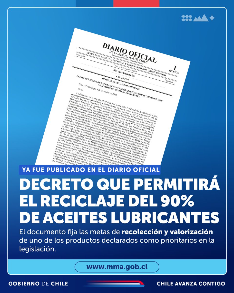 ¡Excelente noticia para el avance de la Ley REP y la economía circular! ♻️📄

✅ Con este decreto se exigirá la recolección y el reciclaje del 50% de los aceites lubricantes usados y se incrementará gradualmente hasta llegar al 90%.

📲 mma.gob.cl