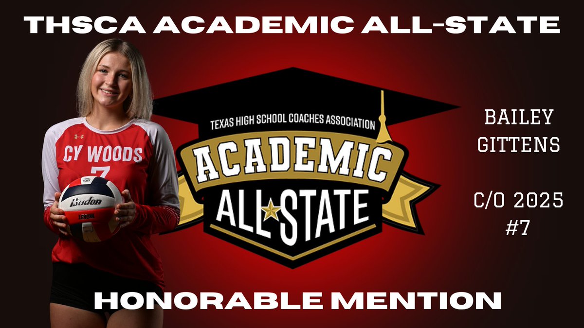 CyWoods Volleyball (@cywoodsvb) on Twitter photo ⭐️THSCA Academic All-State⭐️
Congratulations to Bailey Gittens on her awarded THSCA Honorable Mention Academic All-State nomination!
Bailey has maintained a 92 average in her coursework 9th-12th grade. Great job!
#212 <a href="/CW_Athletics/">Cy Woods Athletics 212</a> ⭐️THSCA Academic All-State⭐️
Congratulations to Bailey Gittens on her awarded THSCA Honorable Mention Academic All-State nomination!
Bailey has maintained a 92 average in her coursework 9th-12th grade. Great job!
#212 <a href="/CW_Athletics/">Cy Woods Athletics 212</a>