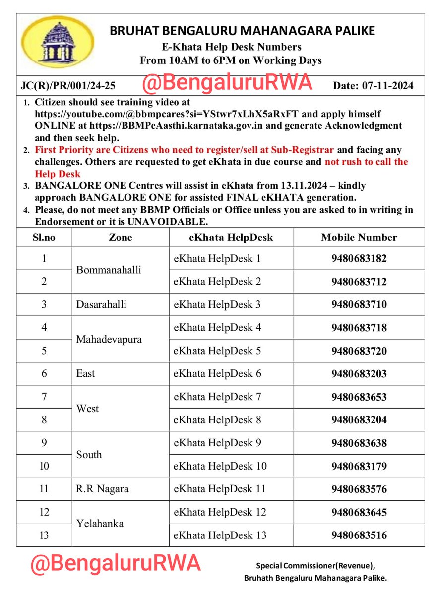 BengaluruMail's tweet photo. New BBMP e-Khatha help desk numbers #BBMP like and share

Apply only if urgent sale is pending, see instructions first on the documents https://t.co/OGsrhY1xZx